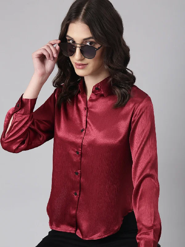 Women's sustainable long sleeve organic cotton shirt Women's vintage - style long sleeve cotton poplin shirt Women Maroon Solid Shirt