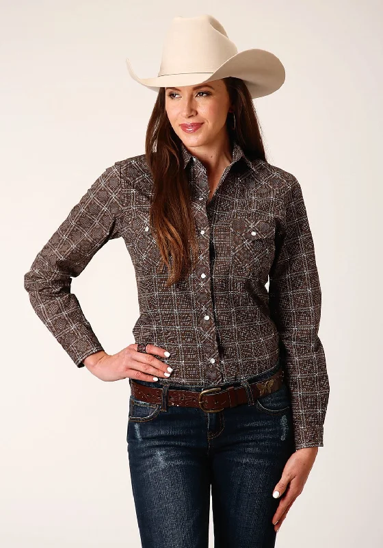 Lilac long sleeve spring shirts Women's long sleeve button - down shirts Roper Womens Retro Print Brown Cotton Blend L/S Shirt