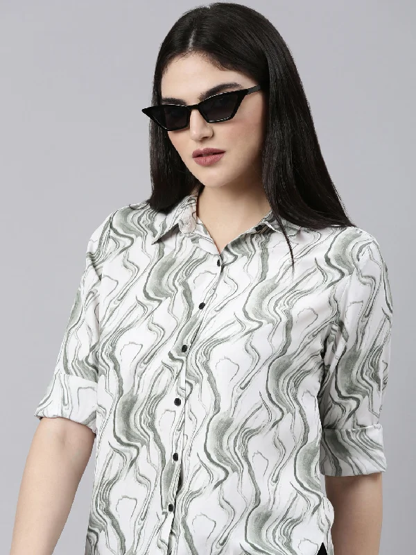 Women's applique long sleeve cotton shirt Women's business casual long sleeve printed shirt Women Green Printed Shirt