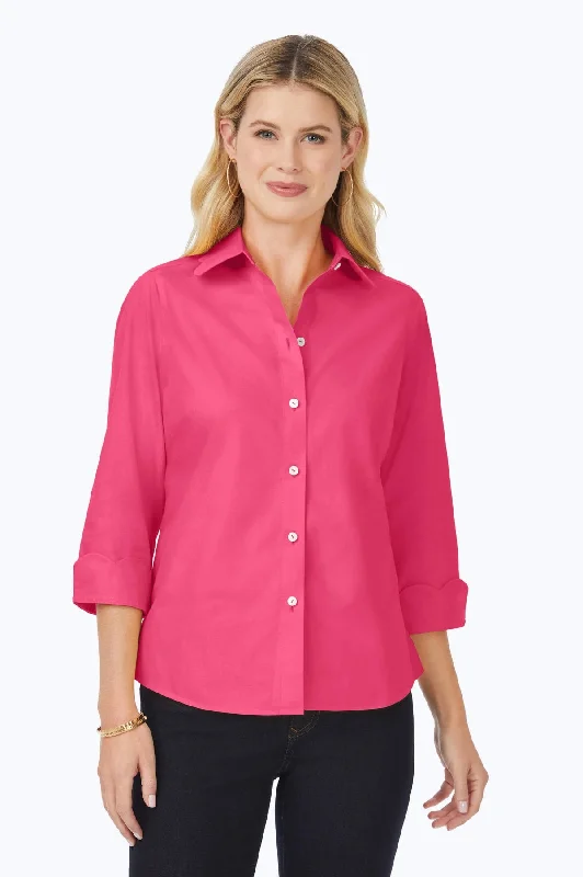 Women's applique long sleeve cotton shirt Women's polka dot long sleeve cotton blend shirt Gwen No Iron Pinpoint Scallop 3/4 Sleeve Shirt