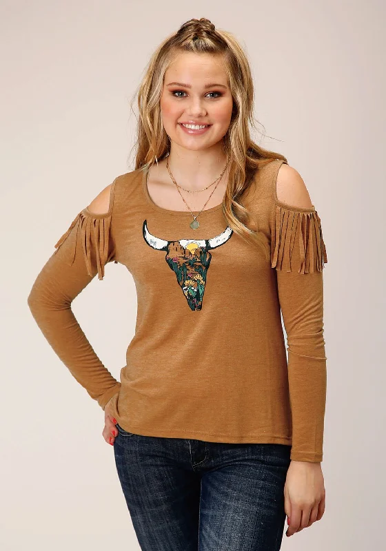 Mustard yellow long sleeve statement shirts Women's long sleeve ruffled shirts Roper Womens Longhorn Skull Tobacco Poly/Rayon L/S Tunic Mustard yellow long sleeve statement shirts Women's long sleeve ruffled shirts Roper Womens Longhorn Skull Tobacco Poly/Rayon L/S Tunic