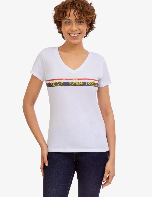Women's ZARA t shirt Women's Calvin Klein t shirt V-NECK STRIPE FOIL GRAPHIC T-SHIRT