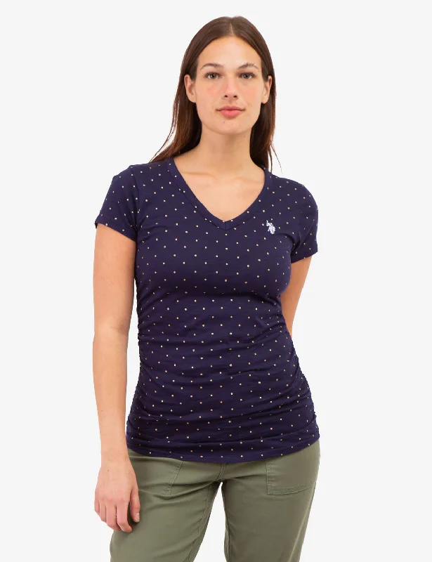 Women's on sale t shirt Women's retro t shirt DOT PRINT RUCHED SIDE V-NECK T-SHIRT