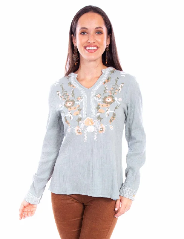 ZARA long sleeve trendy shirts Women's long sleeve cashmere sweaters Scully Womens Split Neck Embroidered Sage 100% Cotton L/S Blouse