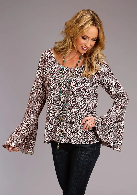 Linen long sleeve casual shirts Women's long sleeve floral tops Stetson Womens Aztec Print Wine/White 100% Rayon L/S Blouse