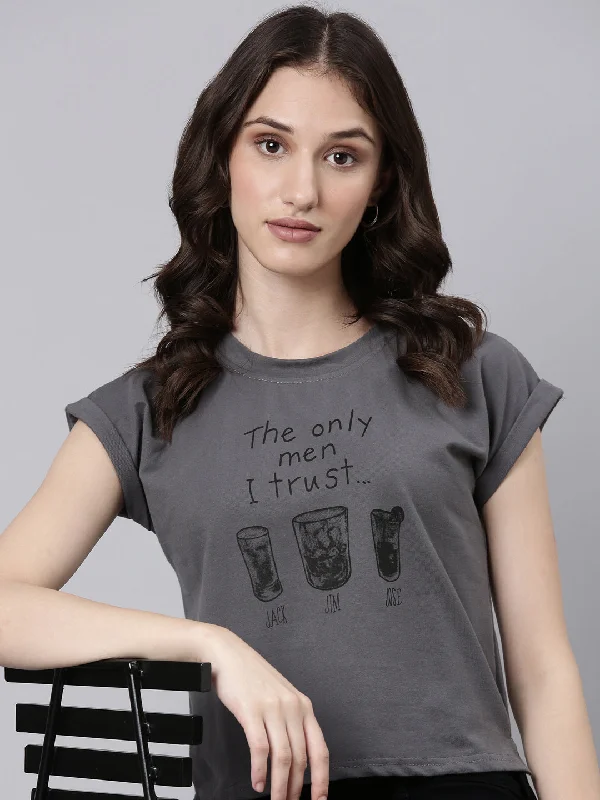 Women's beach t shirt Women's party t shirt Women Grey Typographic Slim Fit Tshirt