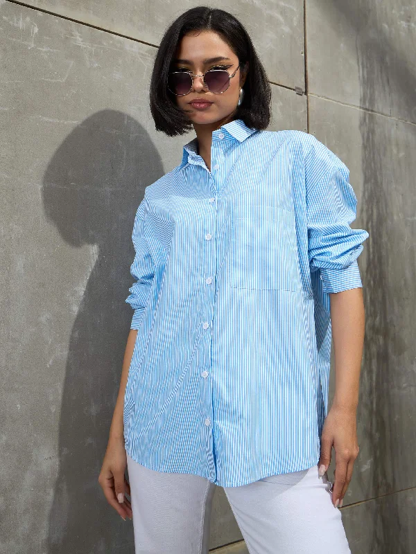 Women's travel - friendly long sleeve lightweight shirt Women's mock - neck long sleeve turtleneck shirt Women Blue & White Striped Oversized Shirt