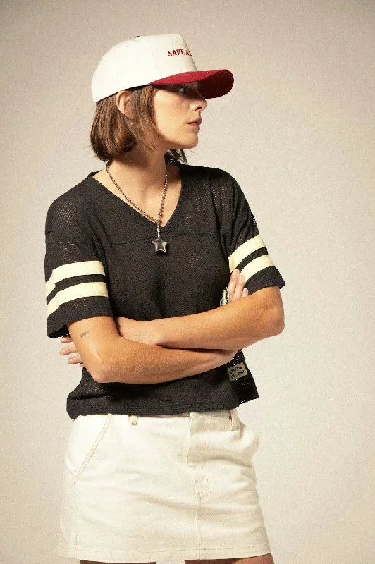 Women's trendy t shirt Women's modern t shirt Varsity Football Mesh T-Shirt - Washed Black
