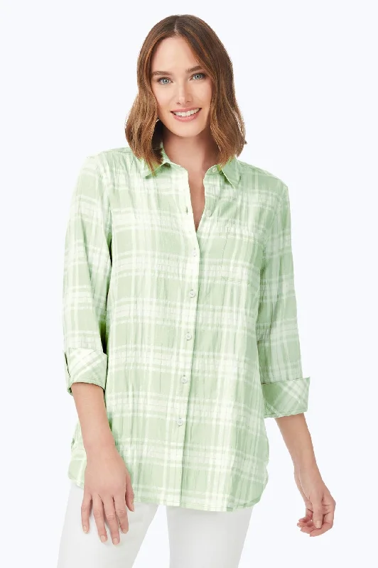 Women's sequined long sleeve evening shirt Women's casual long sleeve graphic - tee style shirt Germaine Puckered Spring Plaid 3/4 Sleeve Tunic