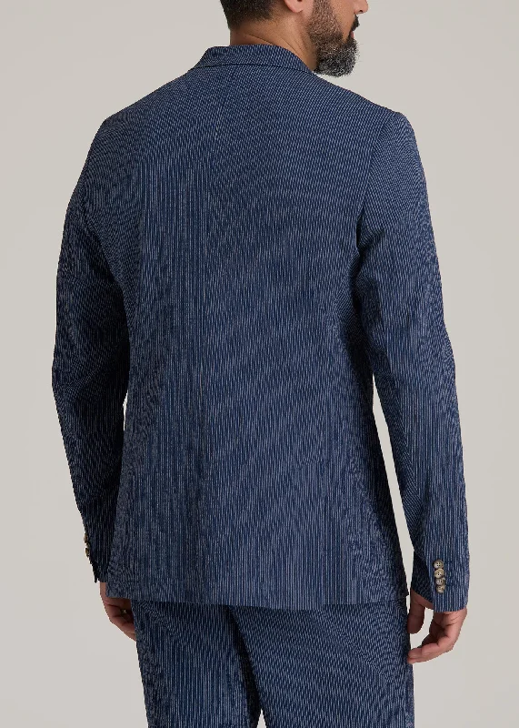 Stretch Seersucker Blazer for Tall Men in Navy and Off White Stripe