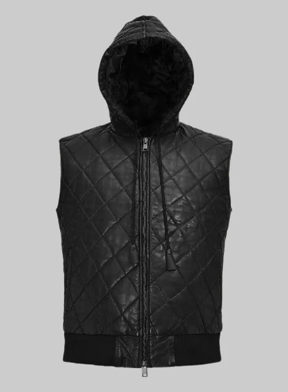 Vortex Hooded Black Leather Vest