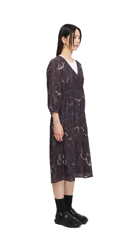 French Curve Ruler Print Puff-Sleeves Dress