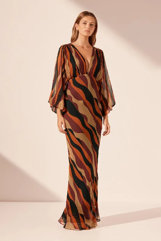 ANITA PLUNGE BALLOON SLEEVE MAXI DRESS