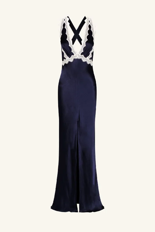 CAMILLE LACE CROSS BACK SPLIT MAXI DRESS - DEEP MIDNIGHT/IVORY