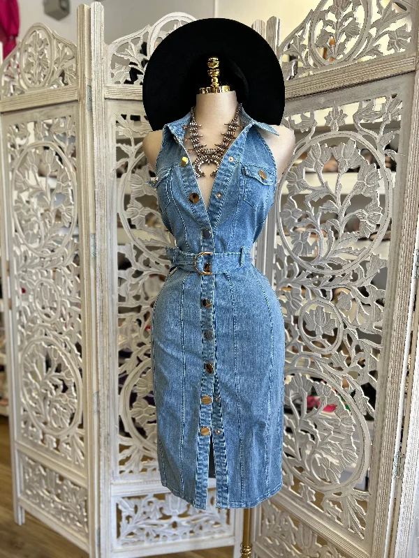 Collard Denim Button Up Dress - Estira Poco, Slightly Stretchy