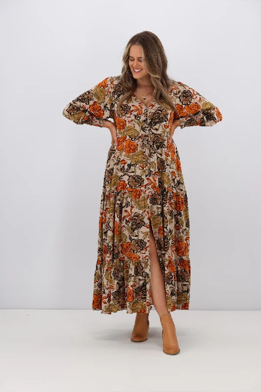 Fria Brooke Earthy Floral Selma Maxi Dress Brown