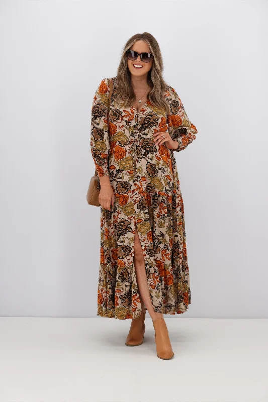 Fria Brooke Earthy Floral Selma Maxi Dress Brown