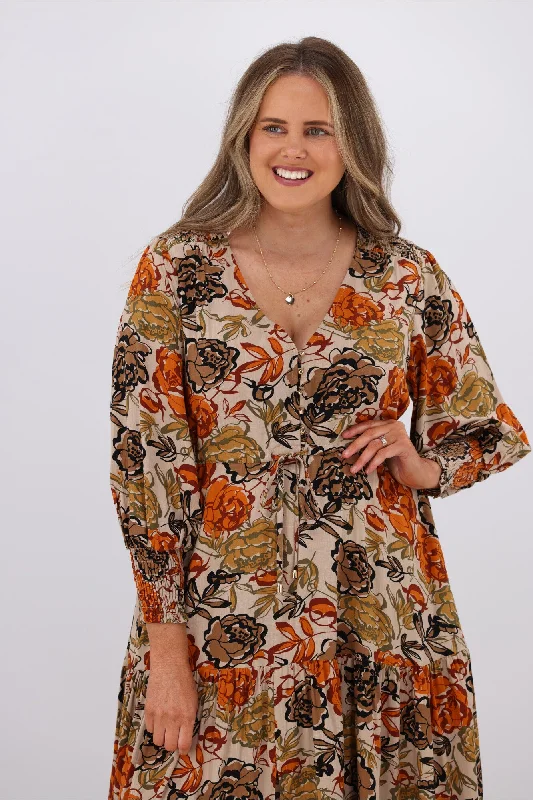 Fria Brooke Earthy Floral Selma Maxi Dress Brown