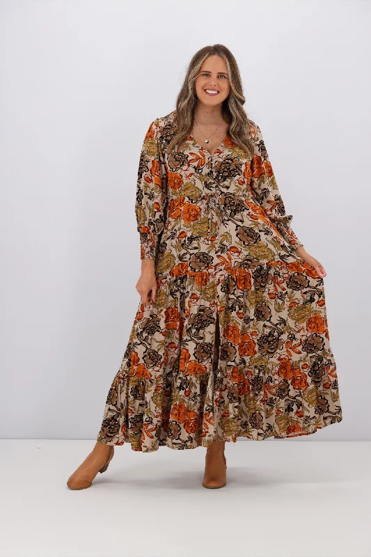 Fria Brooke Earthy Floral Selma Maxi Dress Brown