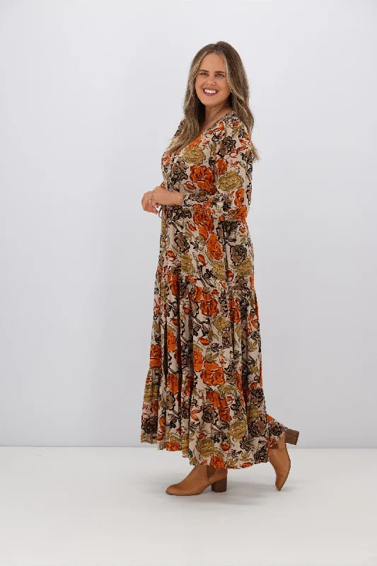 Fria Brooke Earthy Floral Selma Maxi Dress Brown