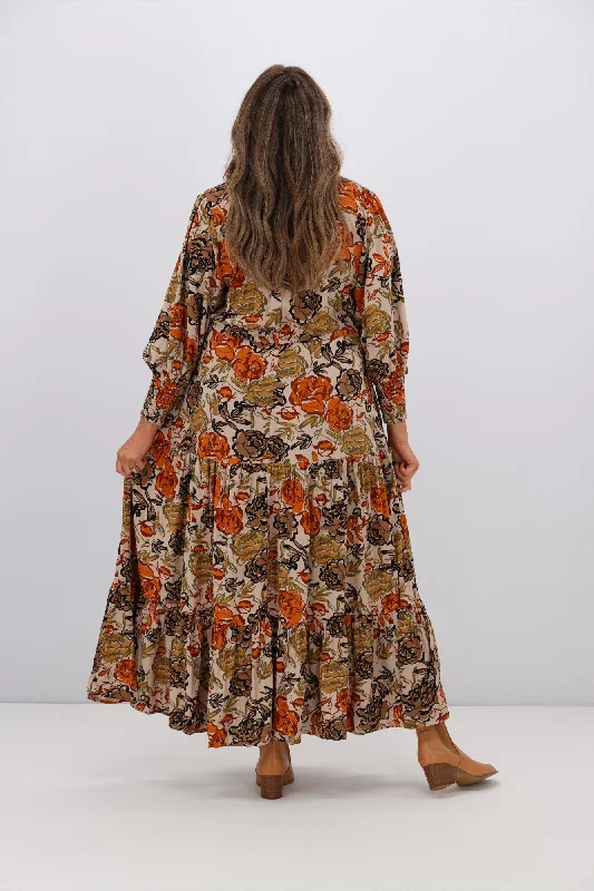 Fria Brooke Earthy Floral Selma Maxi Dress Brown