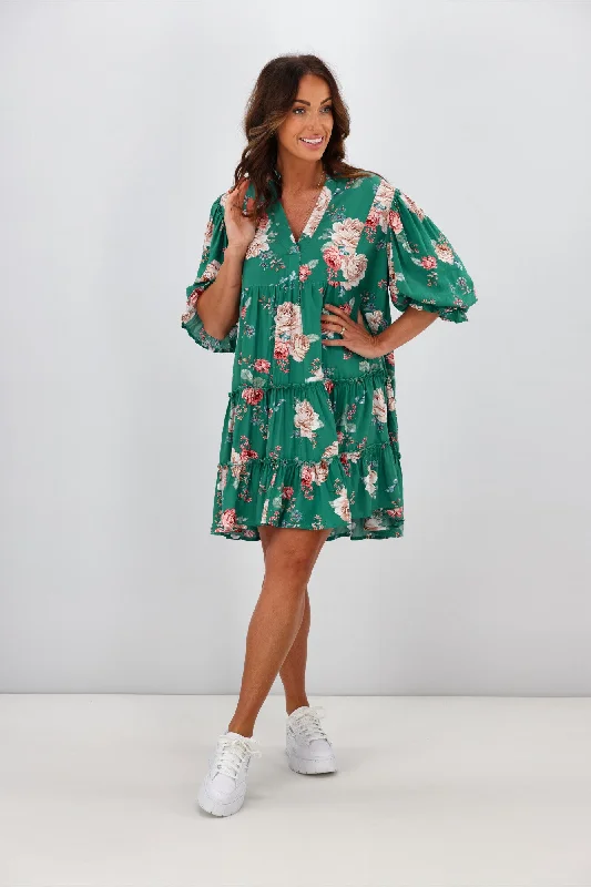 Fria Cece Floral Frill Tier Dress Teal