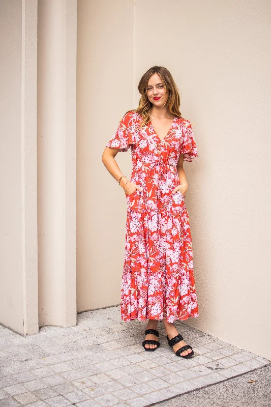 Fria Sophia Summer Floral Maxi Dress Rust