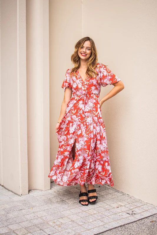 Fria Sophia Summer Floral Maxi Dress Rust