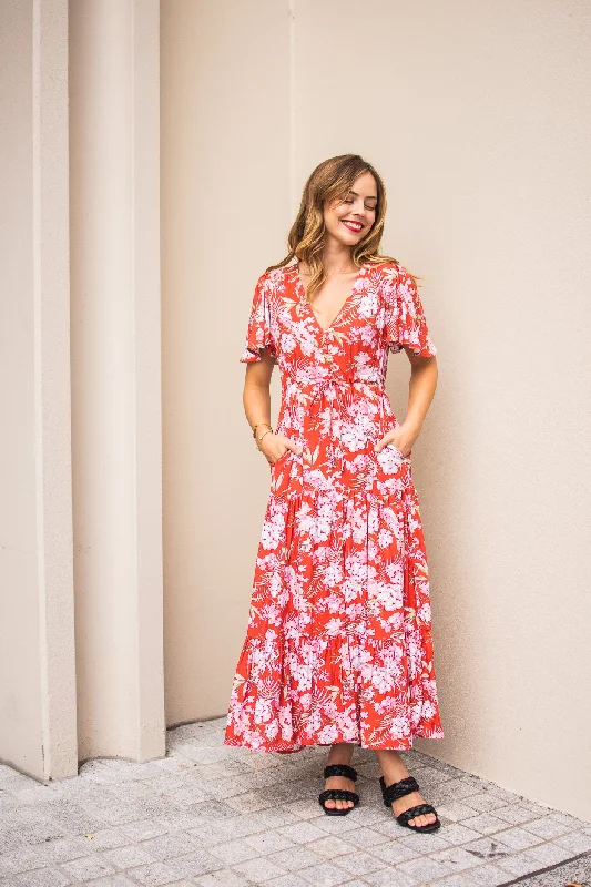 Fria Sophia Summer Floral Maxi Dress Rust