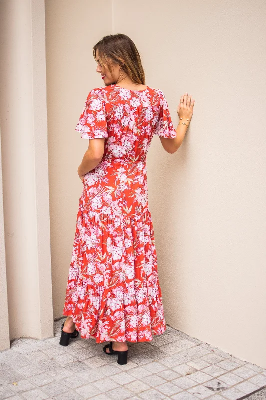 Fria Sophia Summer Floral Maxi Dress Rust