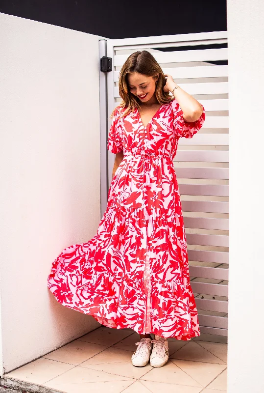 Fria Tabitha Balloon Sleeve Maxi Dress Red Pink