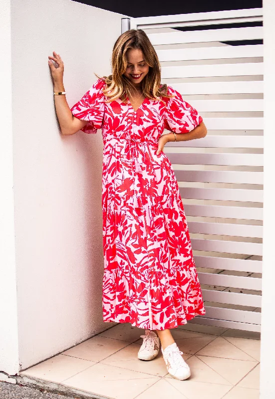 Fria Tabitha Balloon Sleeve Maxi Dress Red Pink