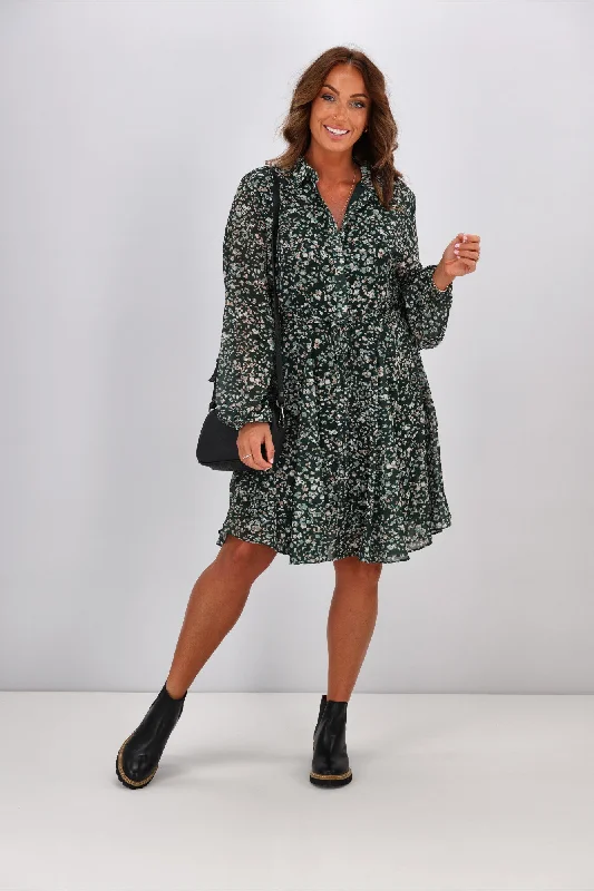 Gloss by Shine On Reece Godet Shirt Dress Olive Animal