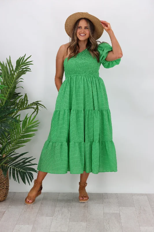 Iris Maxi Celia One Shoulder Puff Dress Green