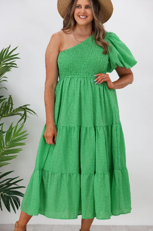 Iris Maxi Celia One Shoulder Puff Dress Green