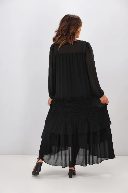 Jane James Rosalie Micropleat Tiered  Dress Black