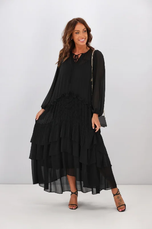 Jane James Rosalie Micropleat Tiered  Dress Black