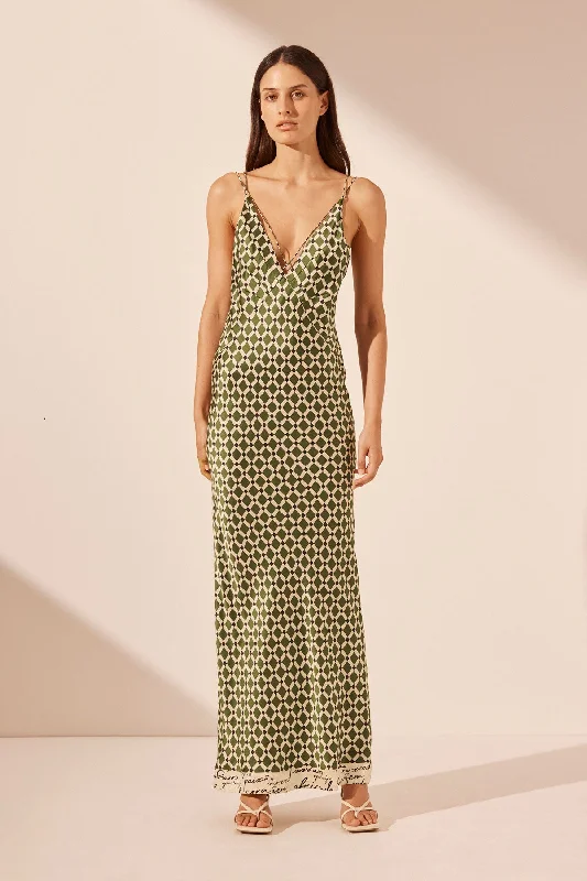 KAHLO SILK CONTRAST CROSS STRAP MAXI DRESS