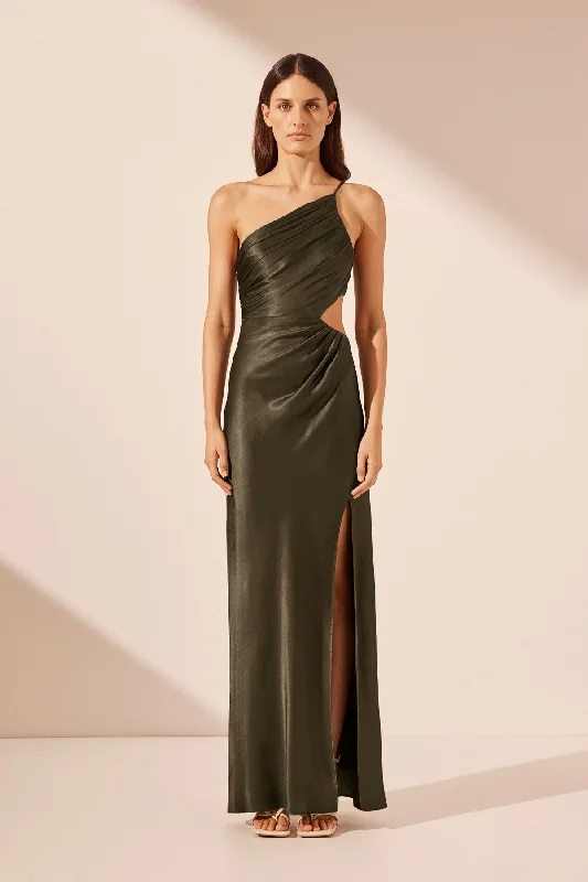 LA LUNE ASYMMETRICAL GATHERED MAXI DRESS - FOREST