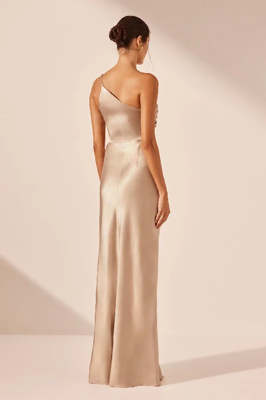 LA LUNE ASYMMETRICAL GATHERED MAXI DRESS - GOLD