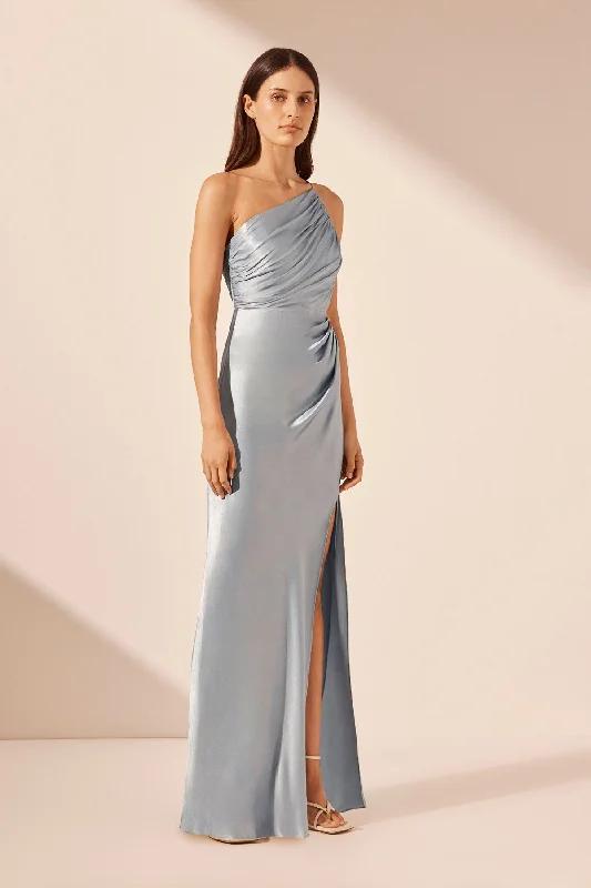 LA LUNE ASYMMETRICAL GATHERED MAXI DRESS - POWDER BLUE