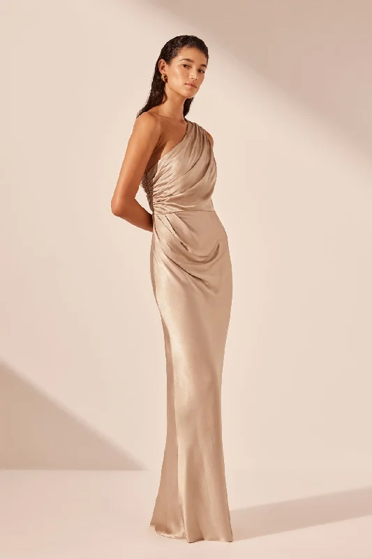 LA LUNE GATHERED ONE SHOULDER MAXI DRESS - GOLD