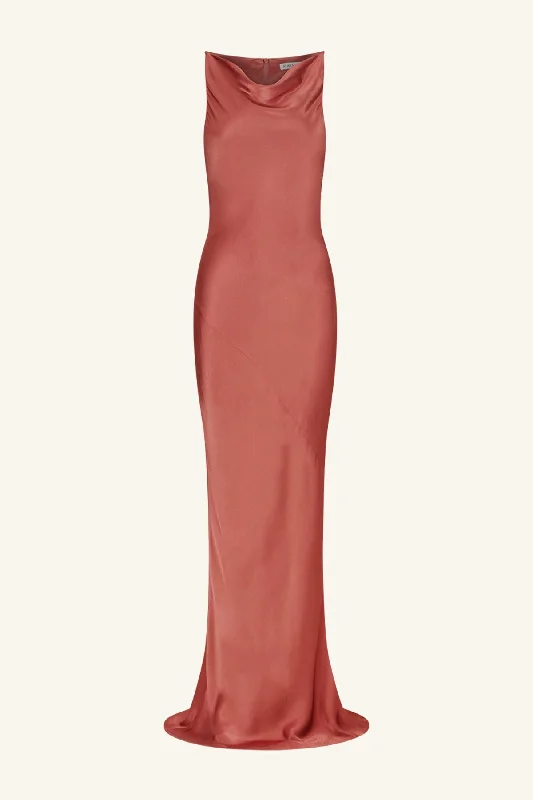 LA LUNE HIGH NECK COWL MAXI DRESS - TERRACOTTA