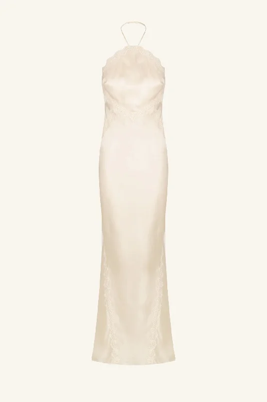 LA LUNE LACE HALTER OPEN BACK MAXI DRESS - CREAM