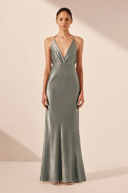 LA LUNE PLUNGED OPEN BACK HALTER MAXI DRESS - SAGE