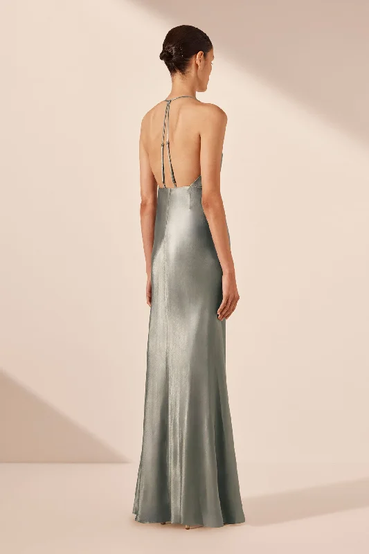 LA LUNE PLUNGED OPEN BACK HALTER MAXI DRESS - SAGE