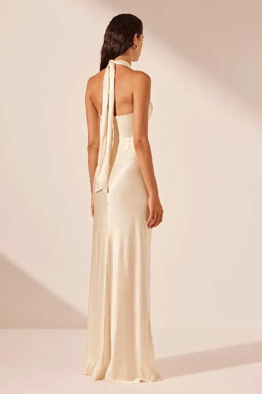 LA LUNE RUCHED HALTER MAXI DRESS - CREAM