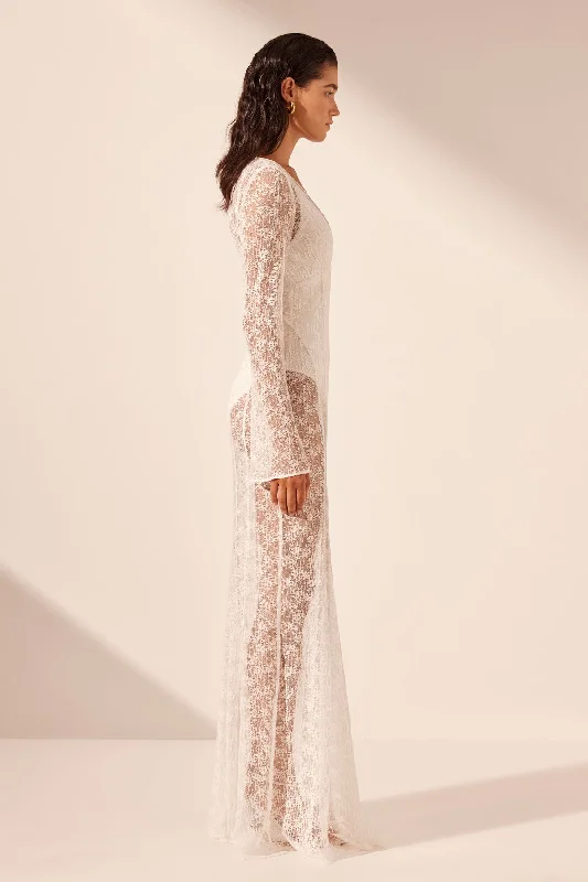 LA LUNE SOL LACE PLUNGED PANELLED MAXI DRESS - IVORY