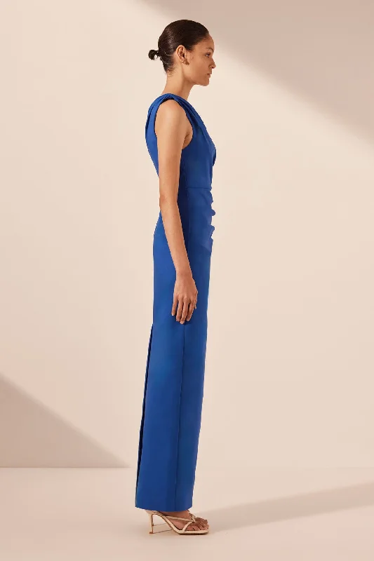 LANI ASYMMETRICAL GATHERED MAXI DRESS - AZURE