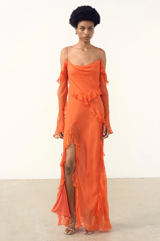 LAYLA LONG SLEEVE RUFFLE MAXI DRESS - FLAME ORANGE